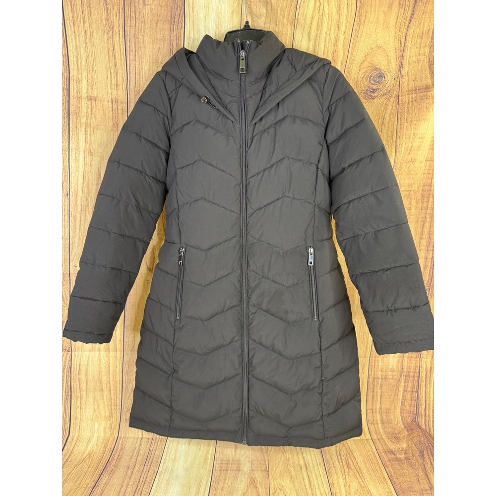 Calvin Klein Sorona Aura Puffer Coat Black Chevron Quilted Hooded Parka RN54163